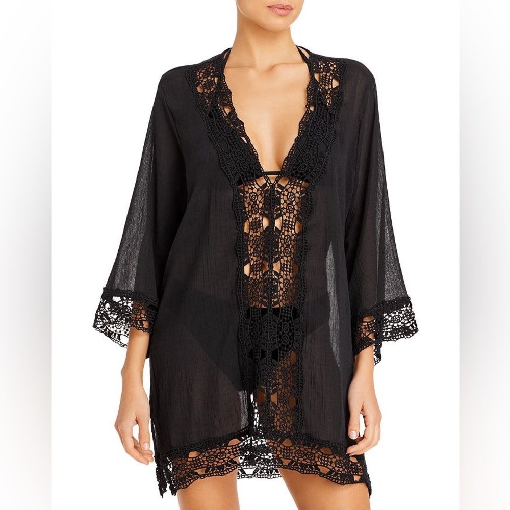 La Blanca Island Fare Crocheted Lace Trim Tunic Swim Cover-Up. Size S